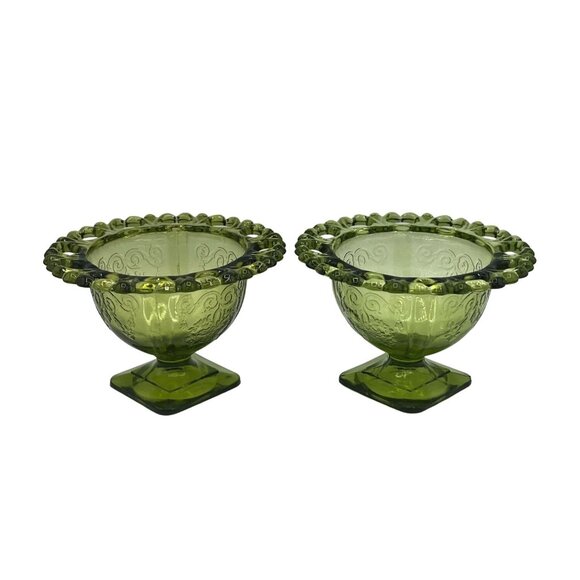 Vintage Green Glass Dessert Bowls Set Of 2 With Decorative Rim  Floral Design - Picture 1 of 15